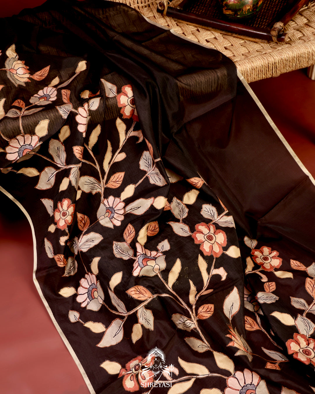 Kota saree with floral kalamkari appliqué work, contrast border, and lightweight breathable drape