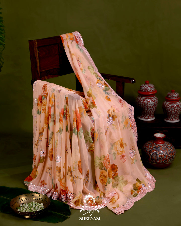 Floral Chiffon Georgette Saree with Scalloped Mirror Embroidery
