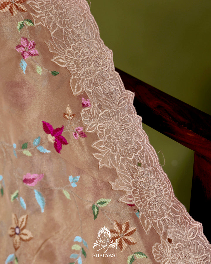 Handloom Pure Tissue Silk Saree with All Over Petit Point Embroidery and Chantilly Lace Borders