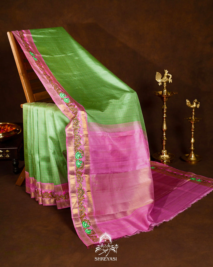 Traditional Tanjore Painting on Handloom Pure Kanjivaram Silk Sarees with Real Zari
