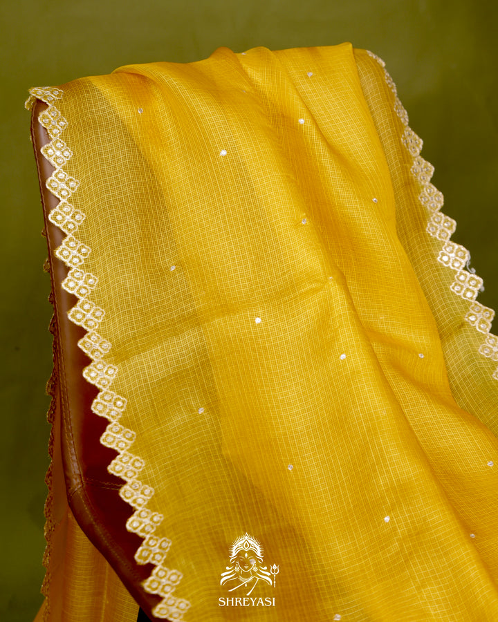 Handloom Pure Tussar Kota Saree with Scalloped Pitta Embroidery Border