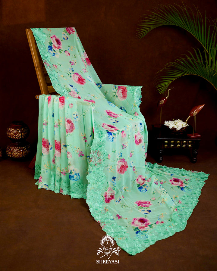 Pure Georgette Floral Saree with Chantilly Lace Embroidery Border