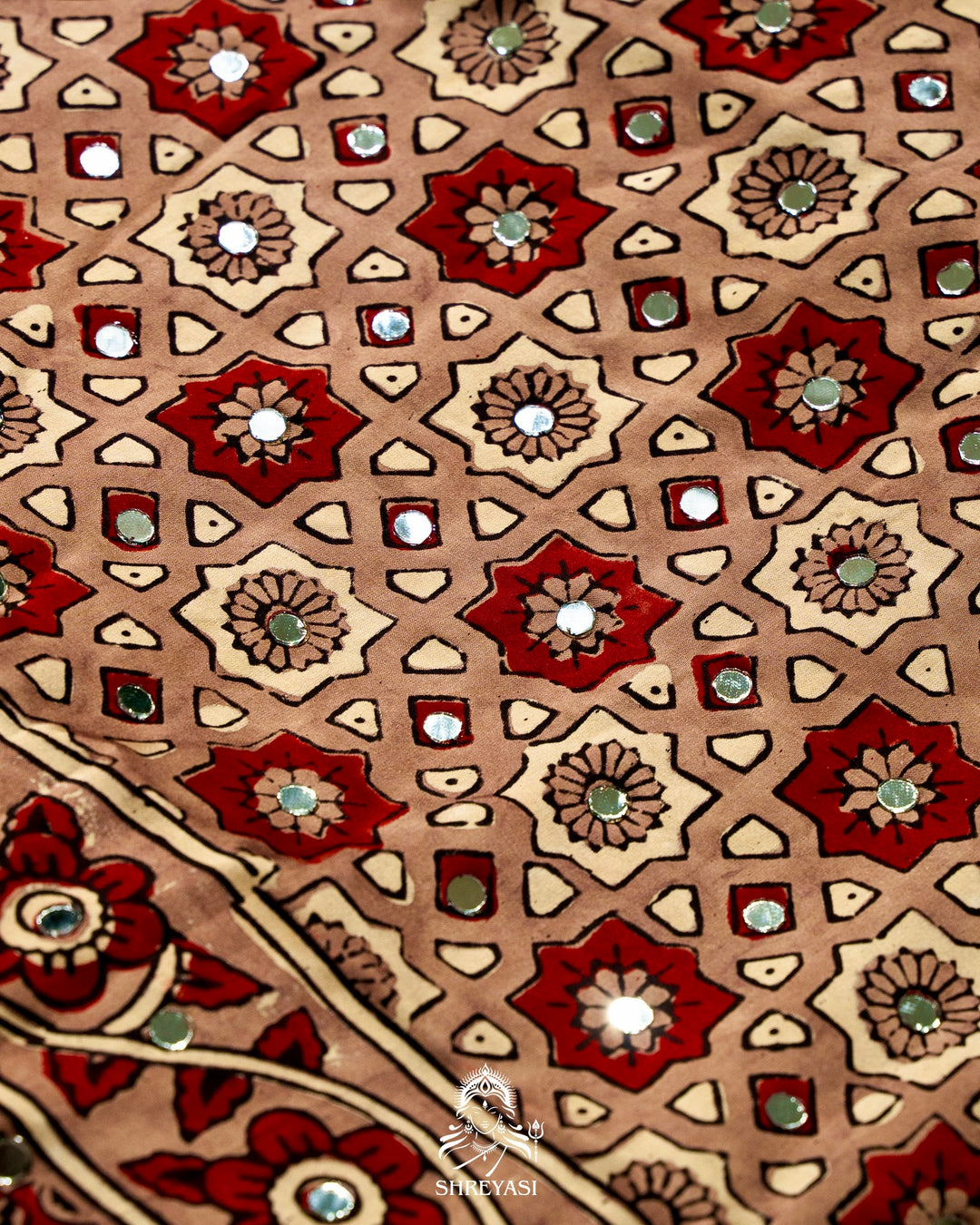 Mirror Work Pure Modal Silk Ajrakh Hand Block Printed Saree | Naturally Dyed Artisan Collection