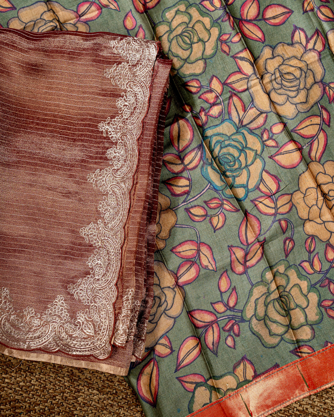 Handloom Pure Tissue Silk Saree with Pita Embroidered Borders and Paithani Pen Kalamkari Blouse