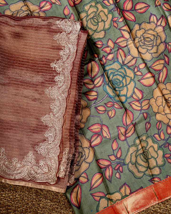 Handloom Pure Tissue Silk Saree with Pita Embroidered Borders and Paithani Pen Kalamkari Blouse