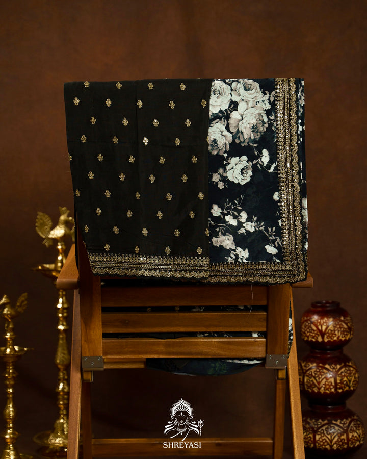 Midnight Noir Pure Chinon Satin Saree with Embroidered Borders