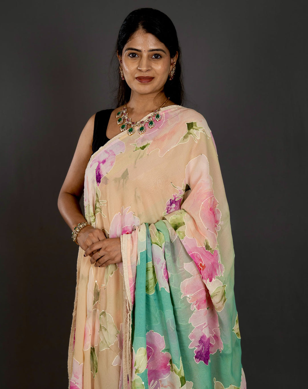 Pure Georgette Floral Saree with Thread Embroidery and Micro Sequins