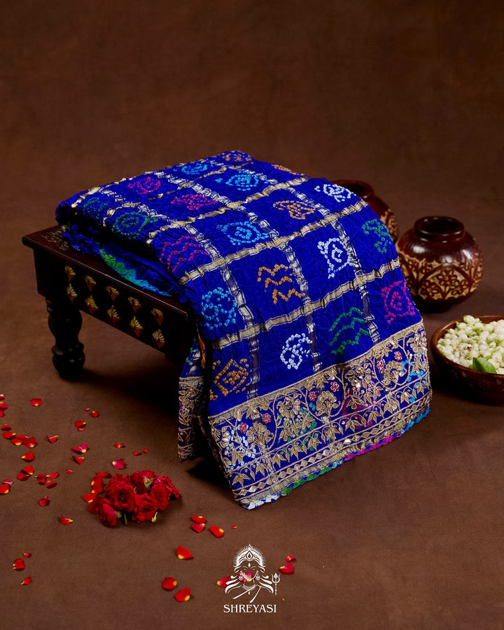 Handloom Pure Gaji Silk Gharchola Bandhej Saree with Multicolor Bandhani, Multicolor Pallu & Handcrafted Gota Patti Borders
