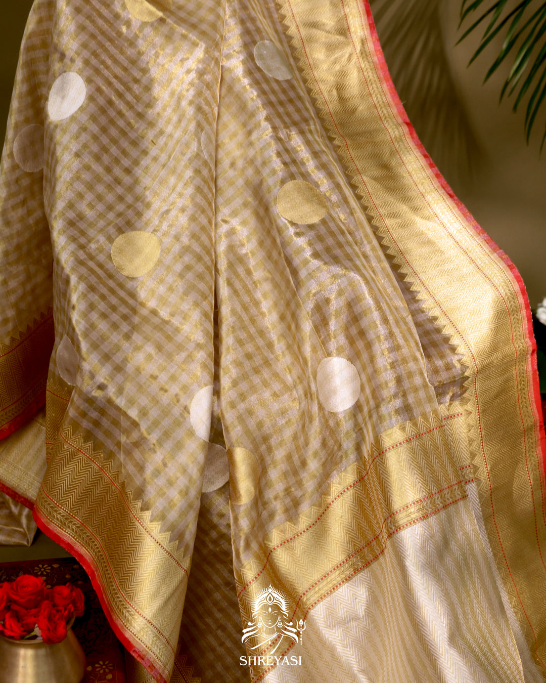 Banarasi Tissue Silk Saree in Kadhwa Weaving with Zari Polkas and Contrast Selvedge