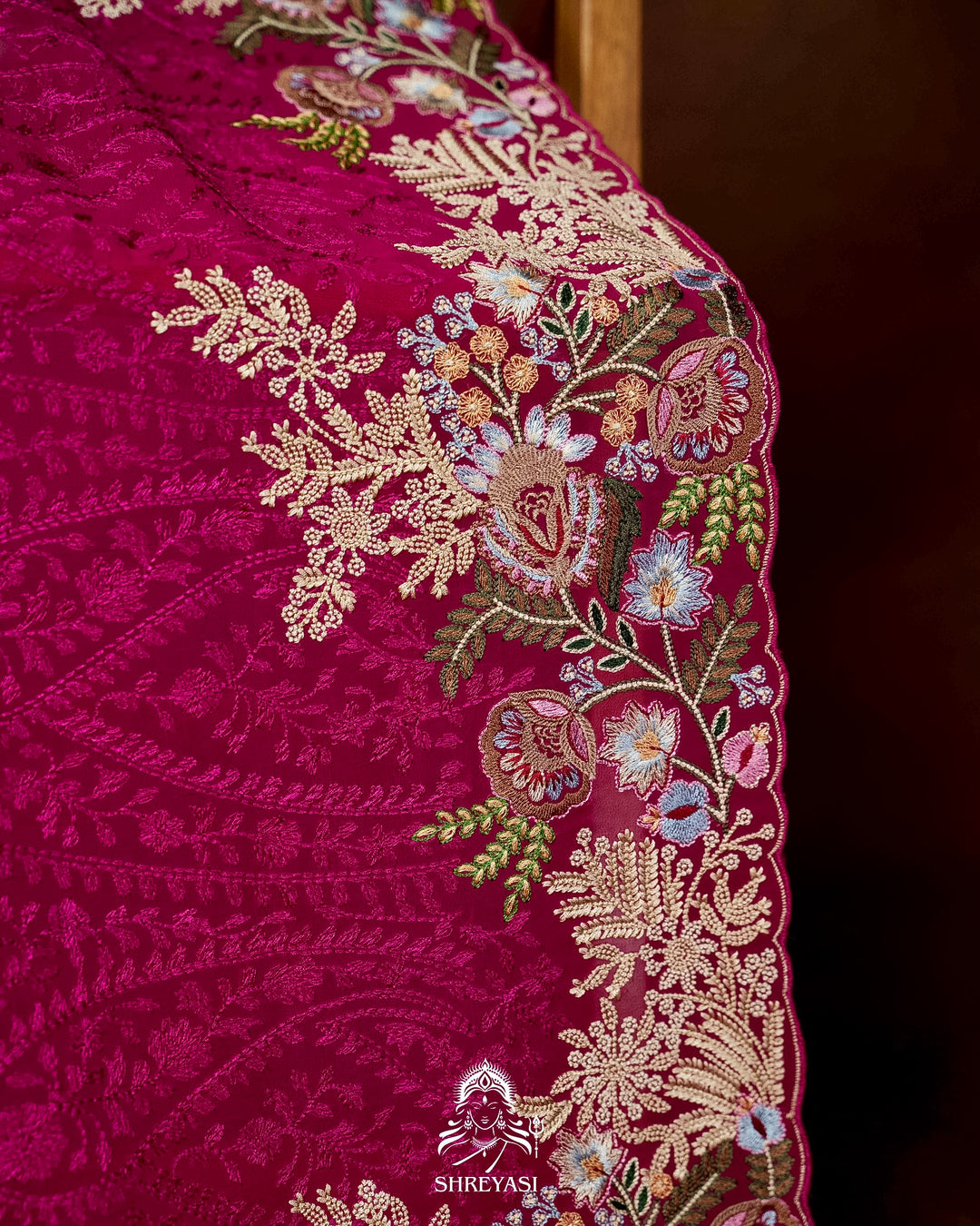 Premium Pure Georgette Chikankari Saree in Jewel Magenta with Embroidered Floral Borders