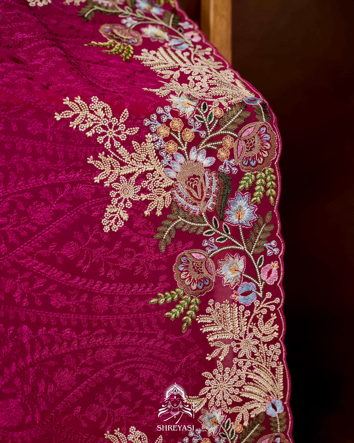 Premium Pure Georgette Chikankari Saree in Jewel Magenta with Embroidered Floral Borders