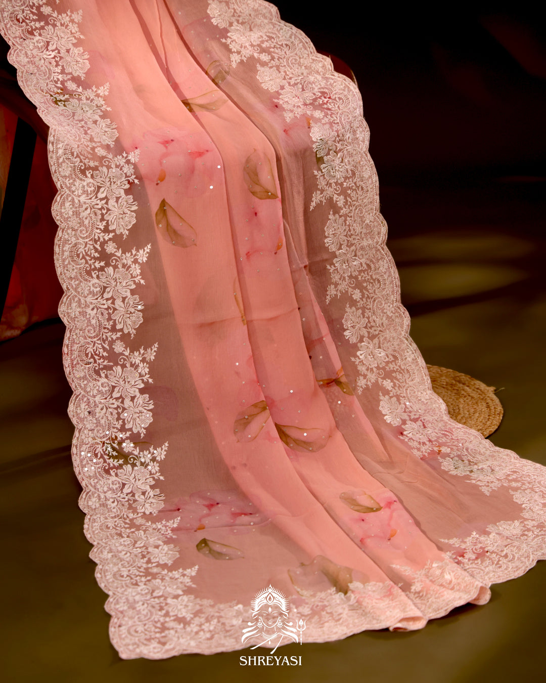 Floral Chiffon Georgette Saree with Scalloped Thread Embroidery