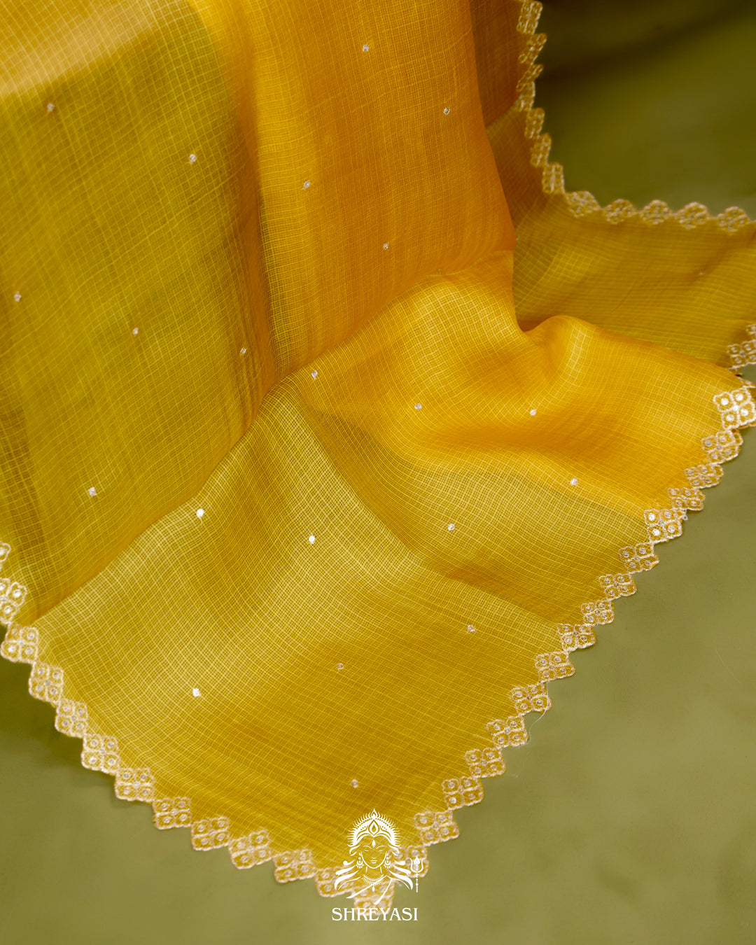 Handloom Pure Tussar Kota Saree with Scalloped Pitta Embroidery Border