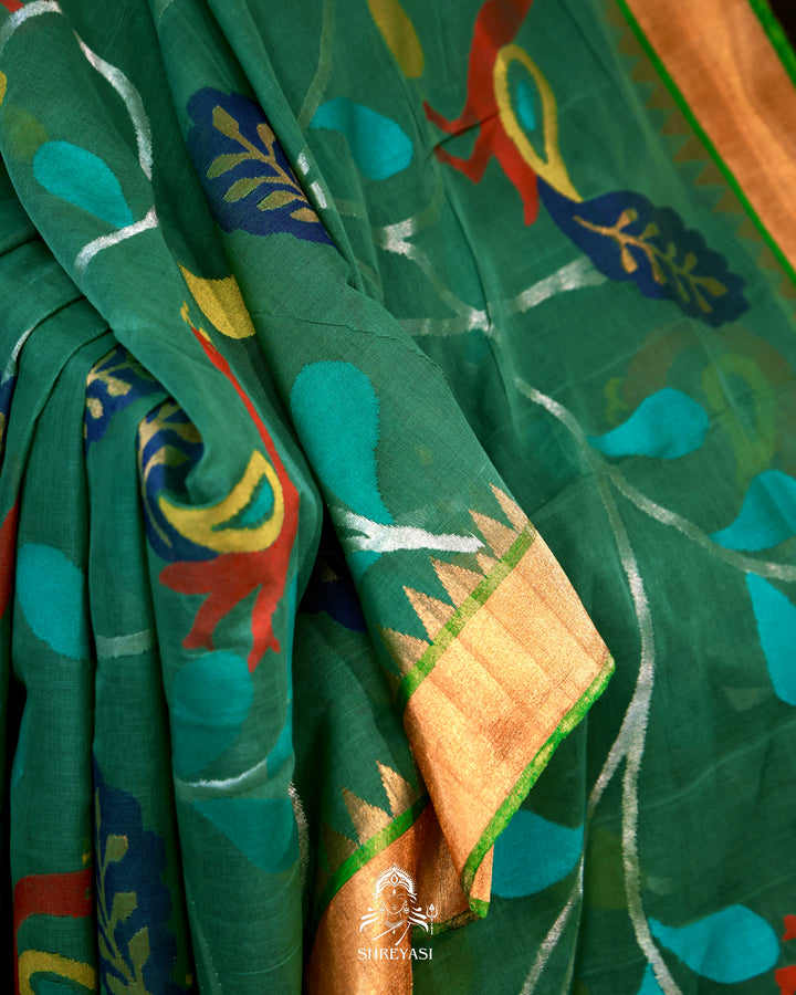 Handwoven Pure Ponduru Khadi Jamdani Saree with All-Over Peacock Vine Weave