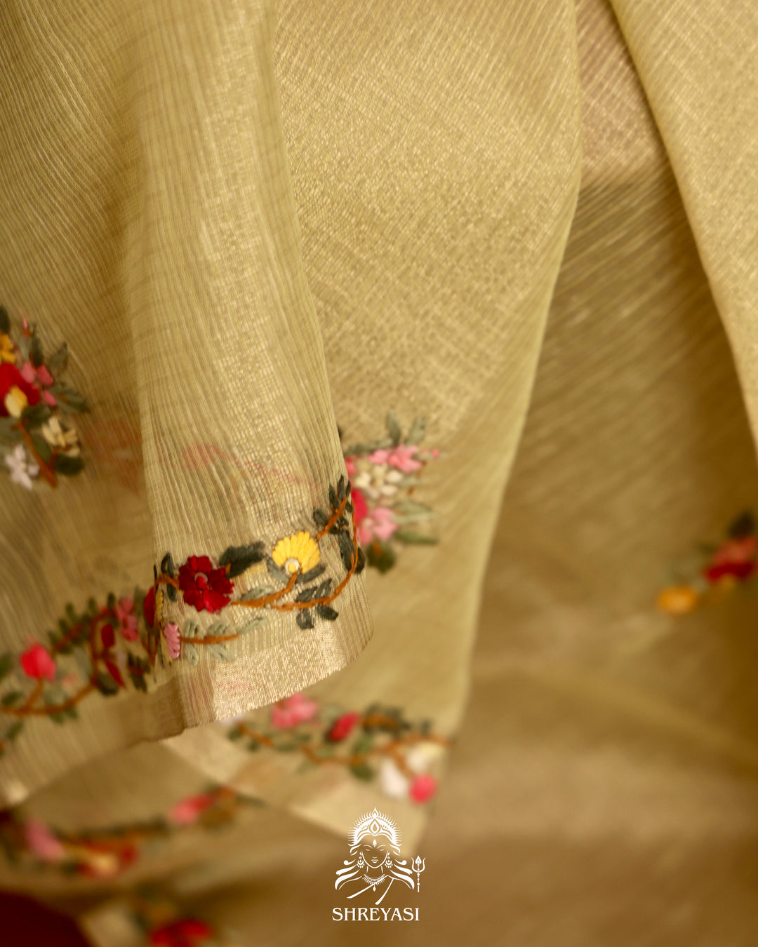 Tissue Linen Saree with Resham Floral Embroidery