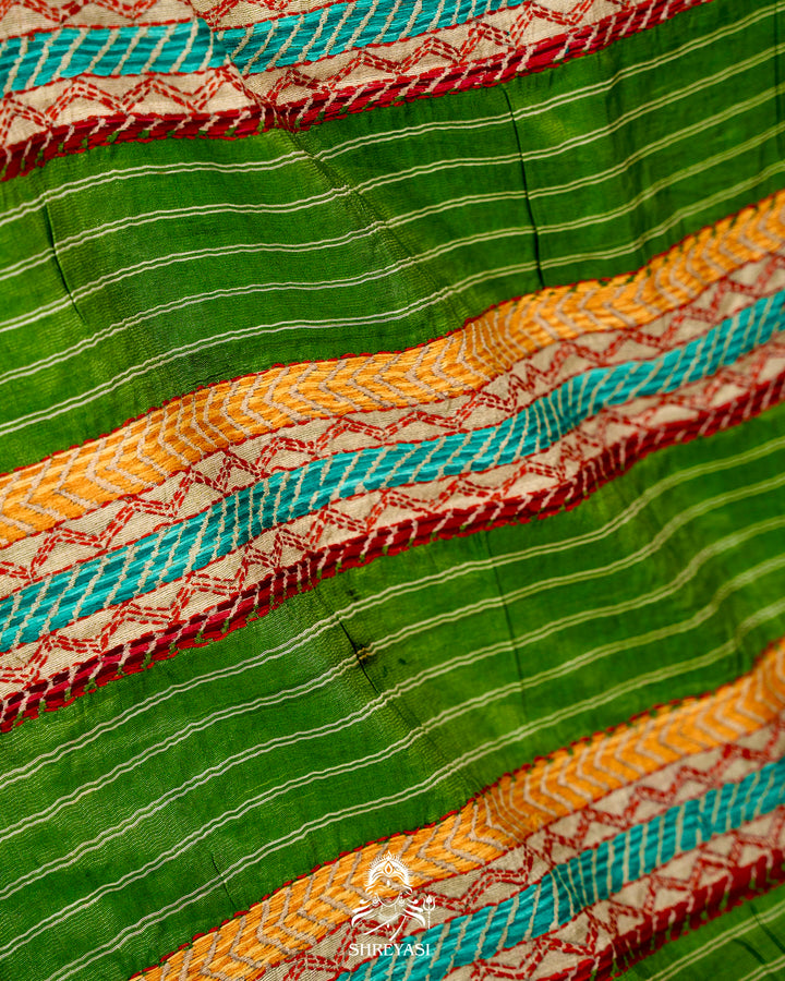 Handloom Pure Vidarbha Tussar Silk Saree with Karvati Kinar Border and Kantha Embroidery
