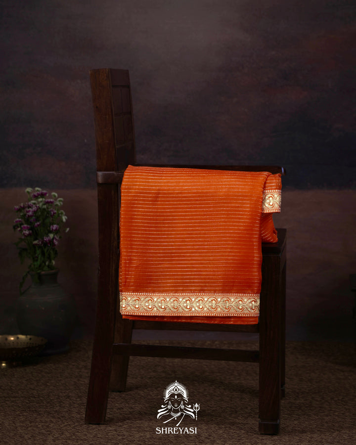 Pure Organza Silk Saree in Orange with Embroidered Border
