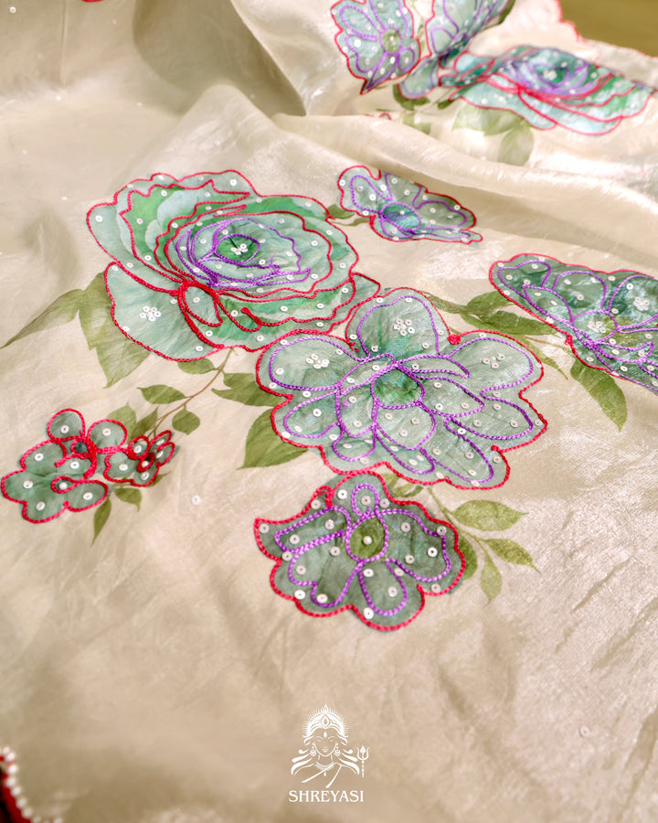 Glass Tissue Saree with Floral Print and  Embroidery