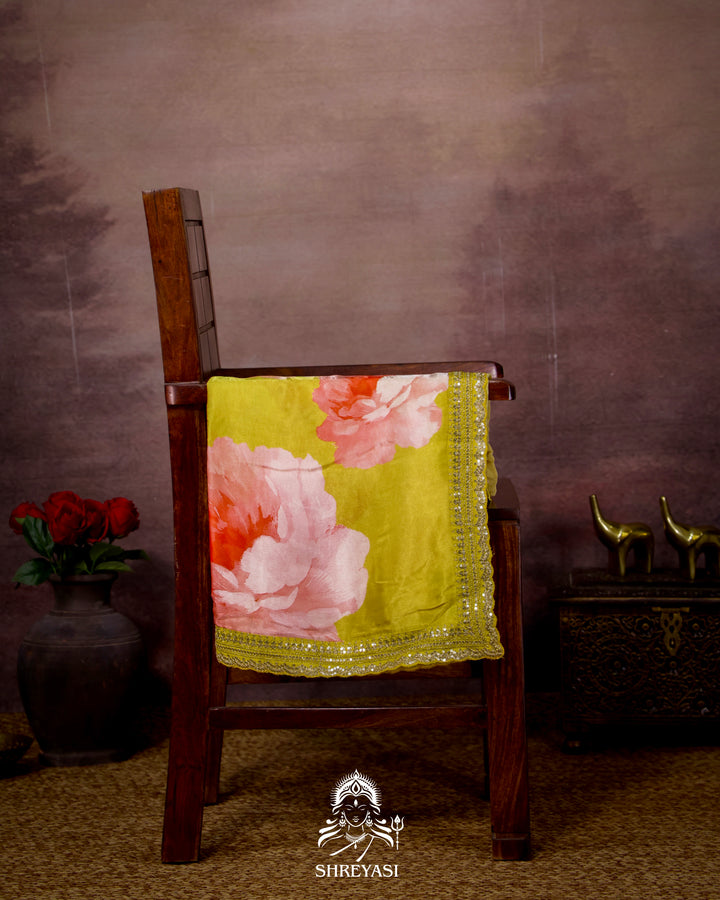 Lime Yellow Chinon Satin Floral Saree with Embroidered Border