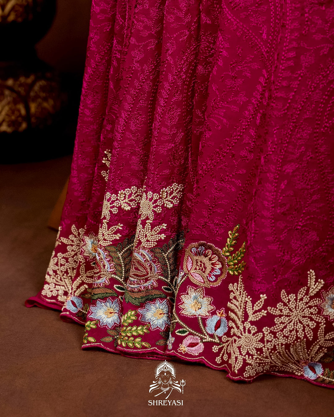 Premium Pure Georgette Chikankari Saree in Jewel Magenta with Embroidered Floral Borders