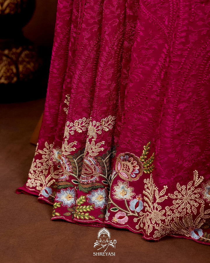 Premium Pure Georgette Chikankari Saree in Jewel Magenta with Embroidered Floral Borders