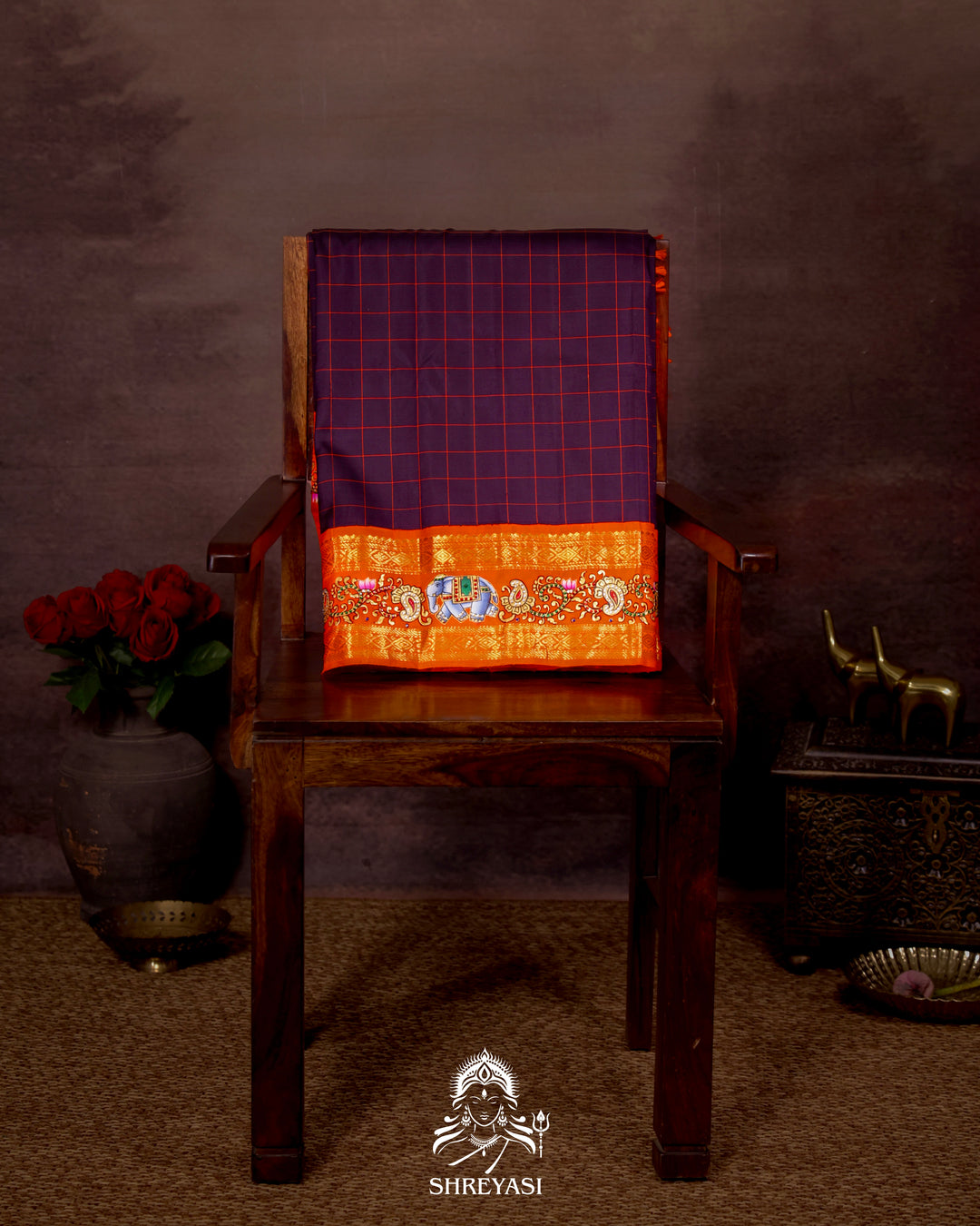 Handloom Pure Kanjivaram Silk Saree in Real Zari with Tanjore Yanai, Manga and Kamalam Artwork
