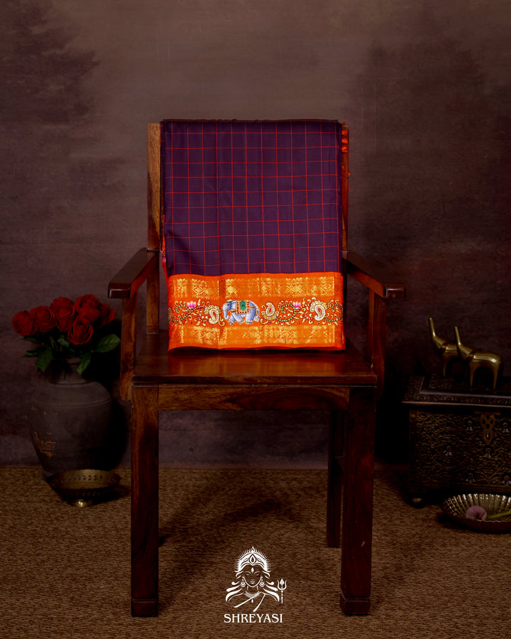 Handloom Pure Kanjivaram Silk Saree in Real Zari with Tanjore Yanai, Manga and Kamalam Artwork