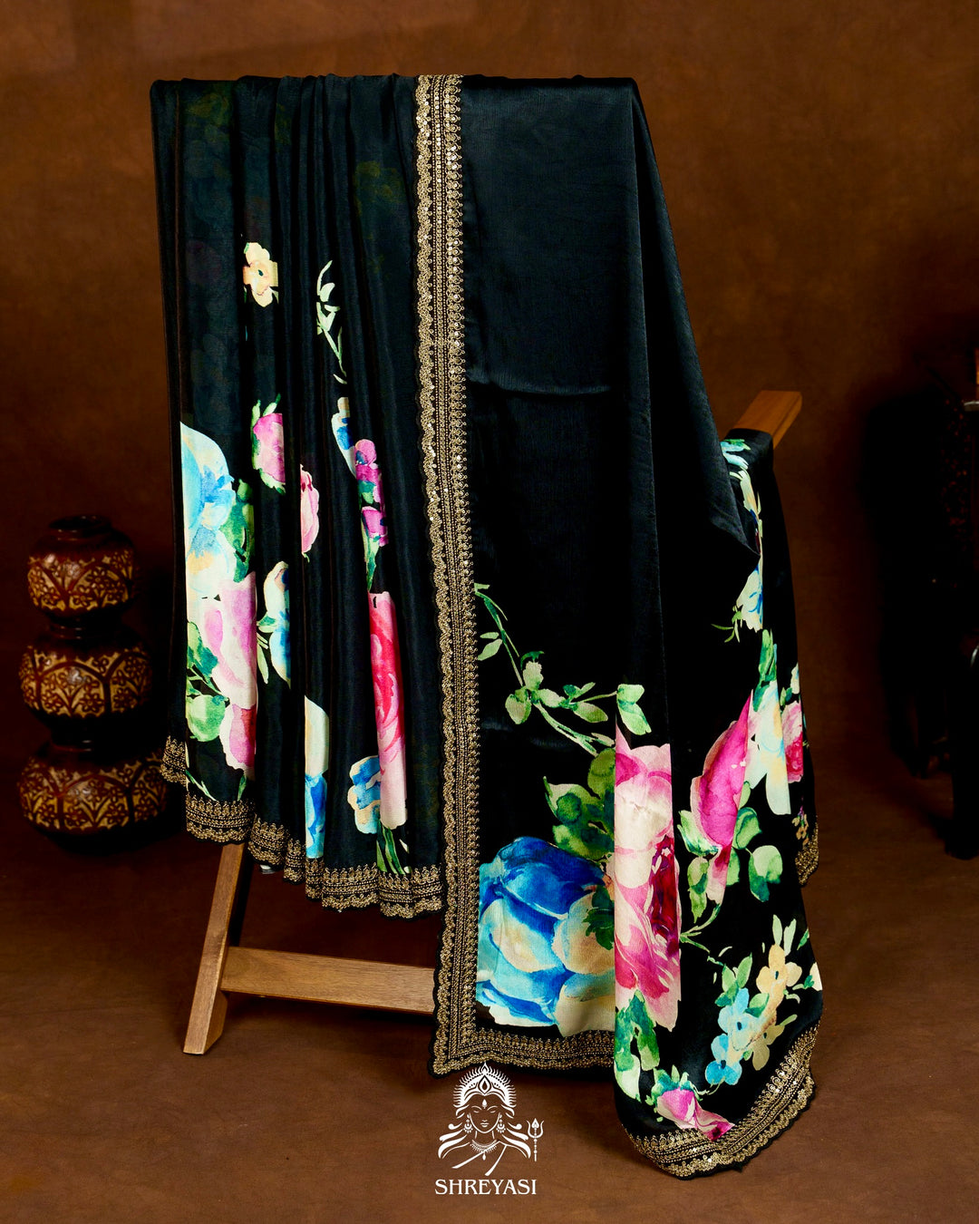 Pure Chinon Satin Saree with Floral Print and Embroidered Borders