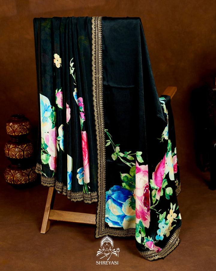 Pure Chinon Satin Saree with Floral Print and Embroidered Borders