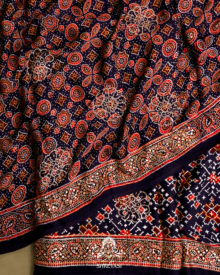 Pure Modal Silk Ajrakh Saree with Swarovski Crystal Embroidery