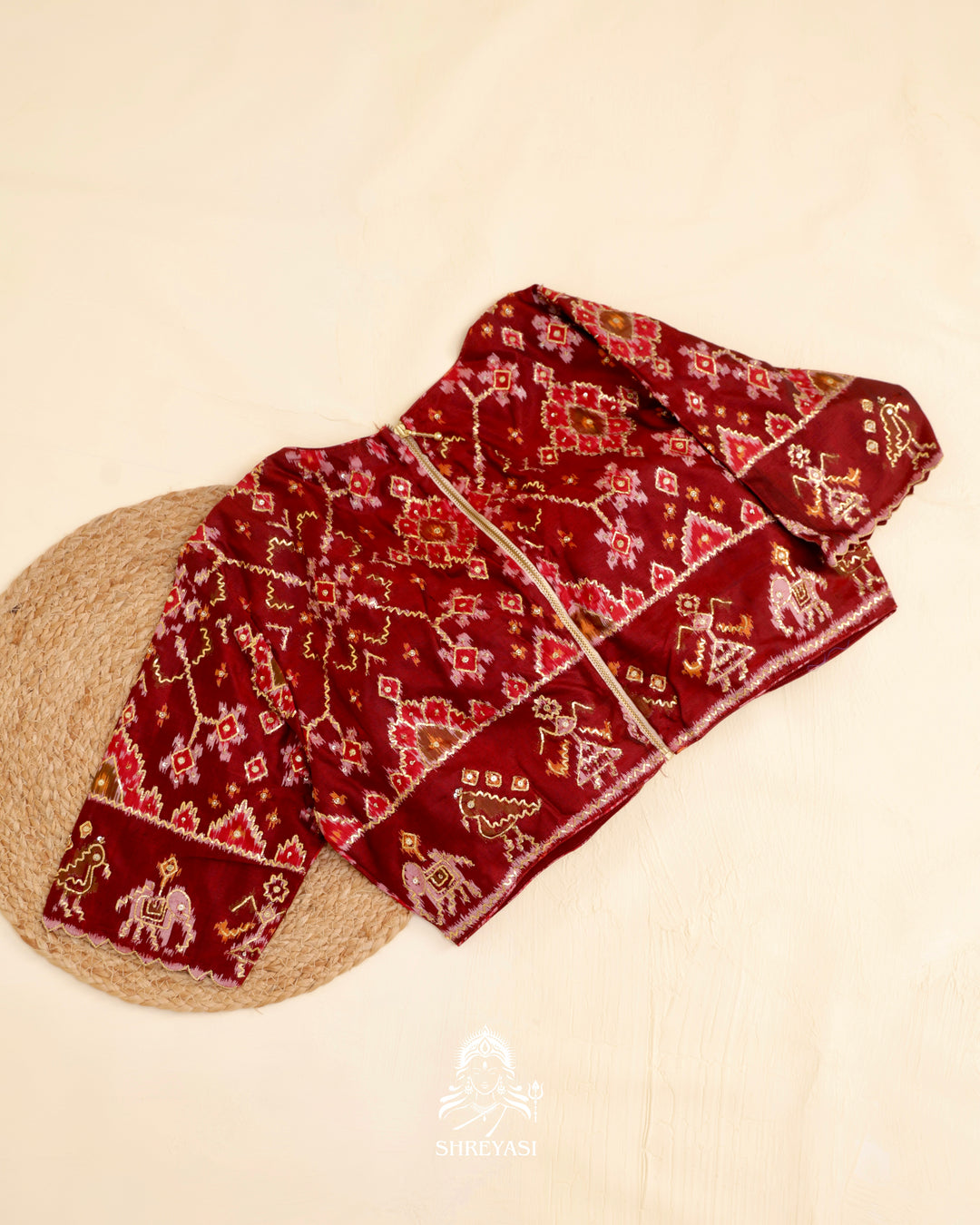 Rajkot Patola single ikat silk blouse with geometric motifs and pita embroidery