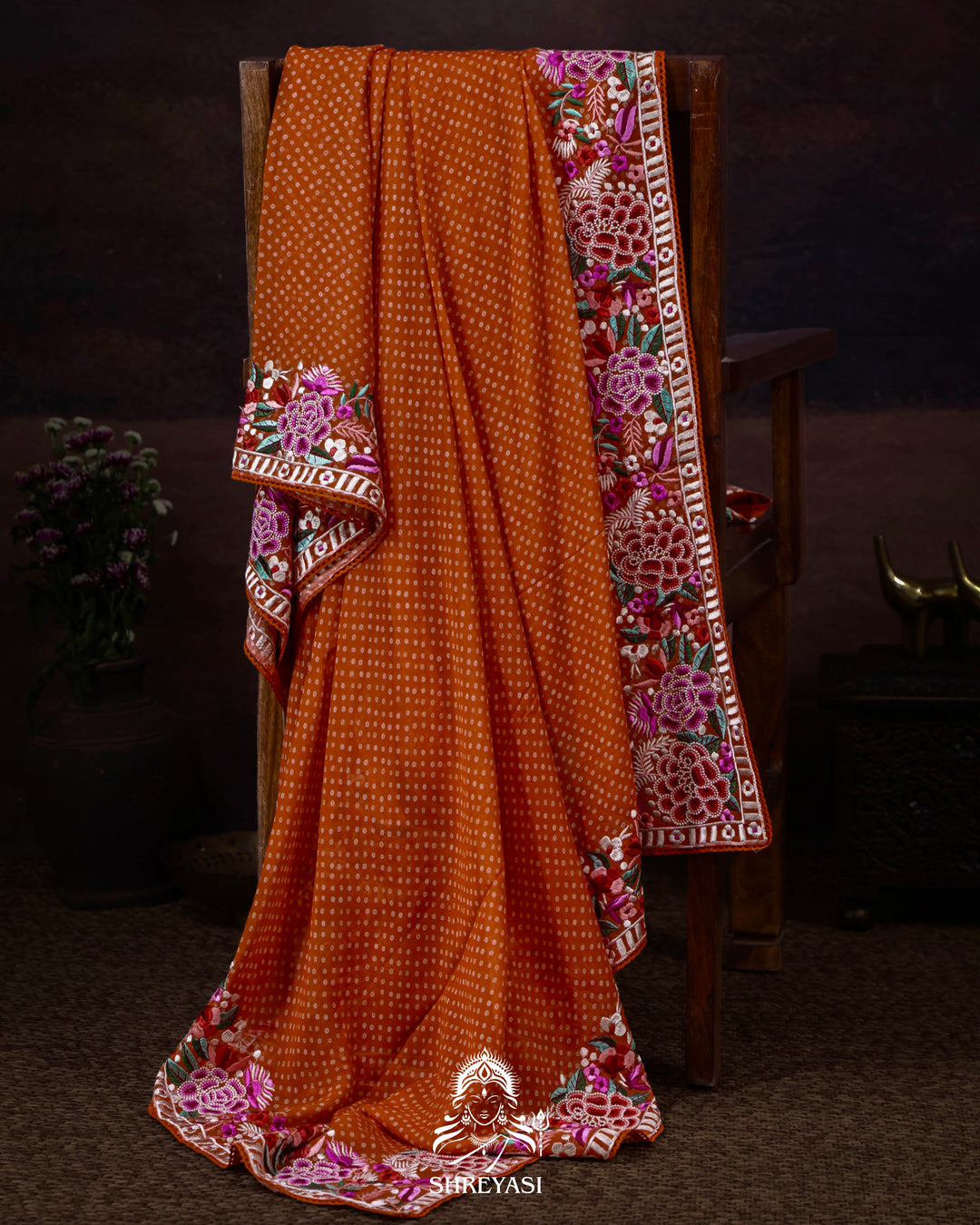 Pure Georgette Saree with Parsi Gara Style Embroidered Borders and Bandhej Body