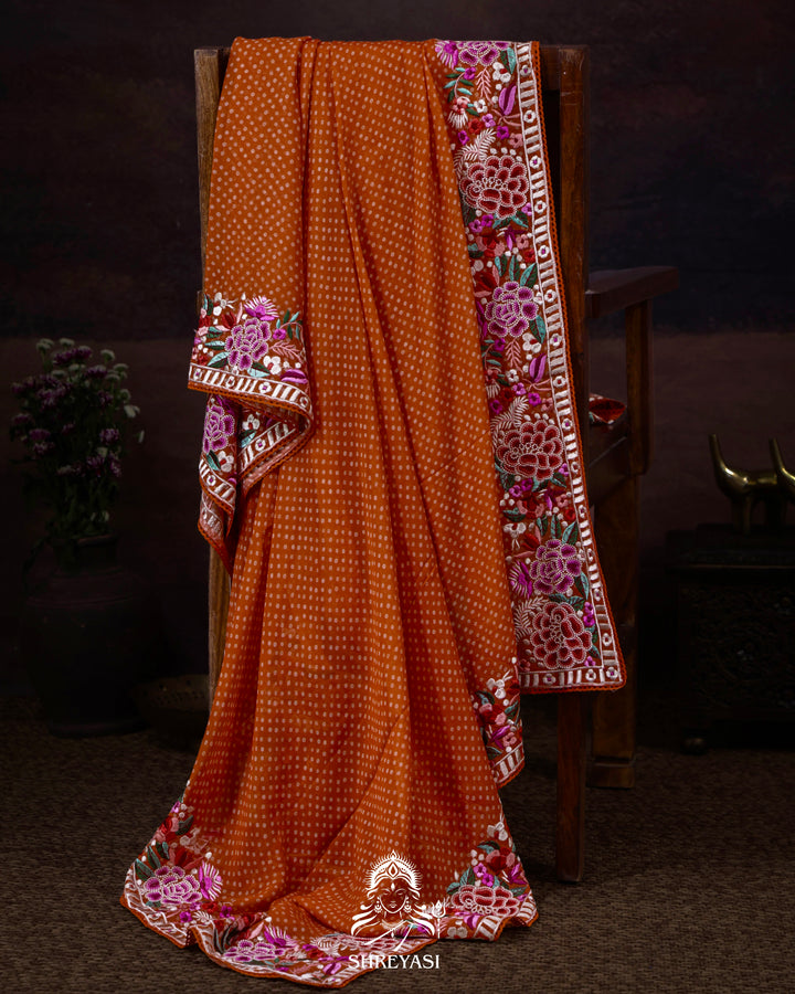 Pure Georgette Saree with Parsi Gara Style Embroidered Borders and Bandhej Body