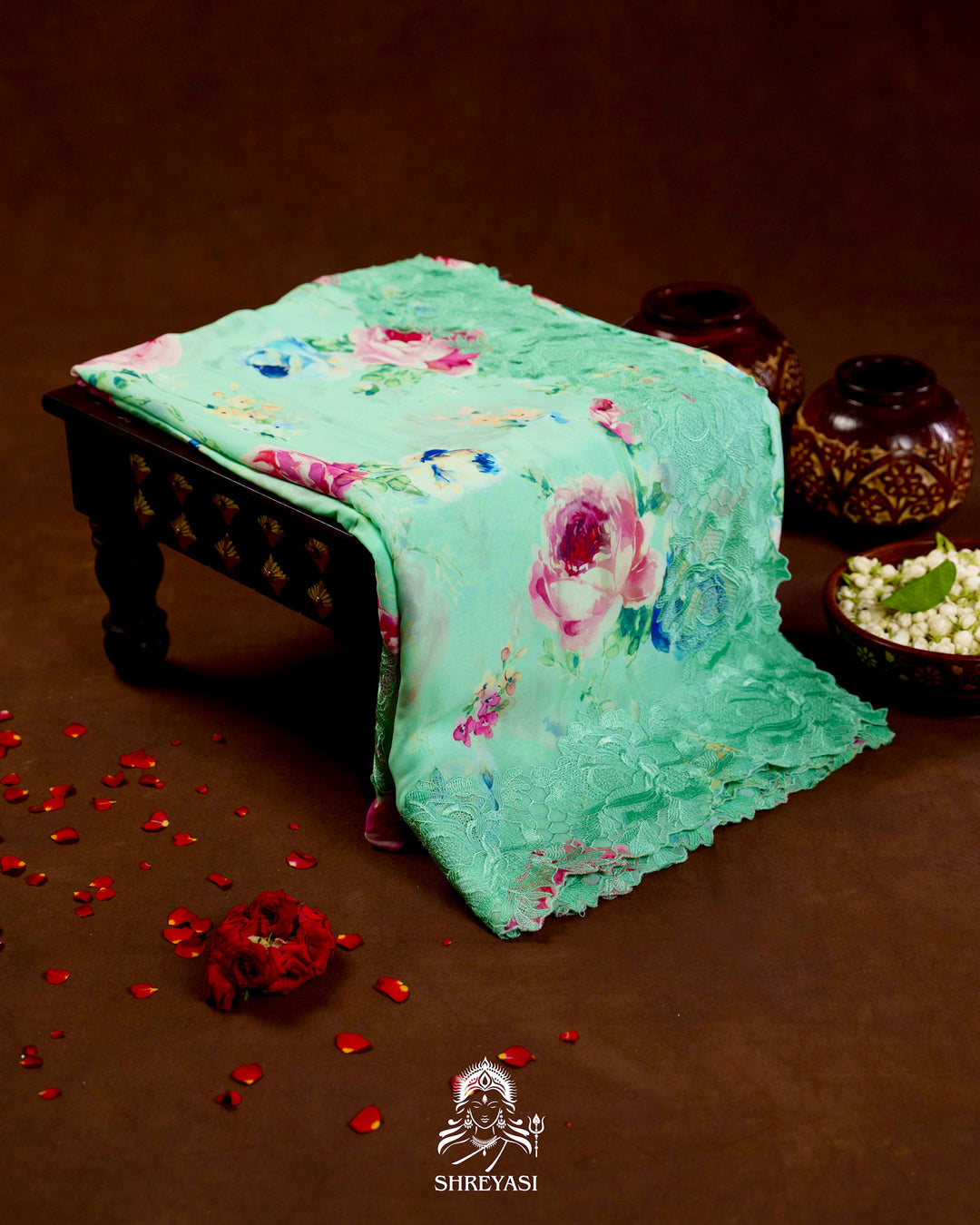 Pure Georgette Floral Saree with Chantilly Lace Embroidery Border