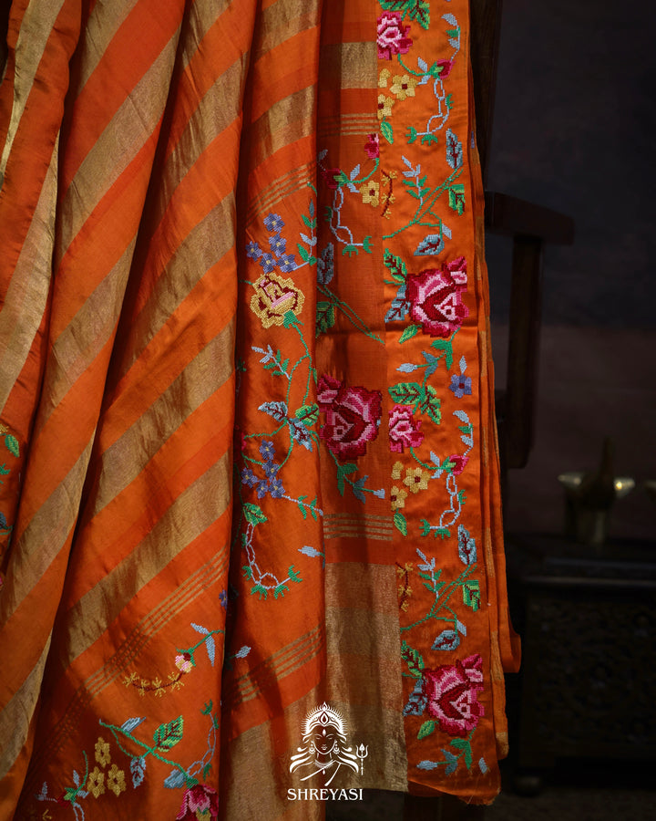 Handloom Pure Banarasi Tissue Stripes Saree with Petit Point Embroidered Borders