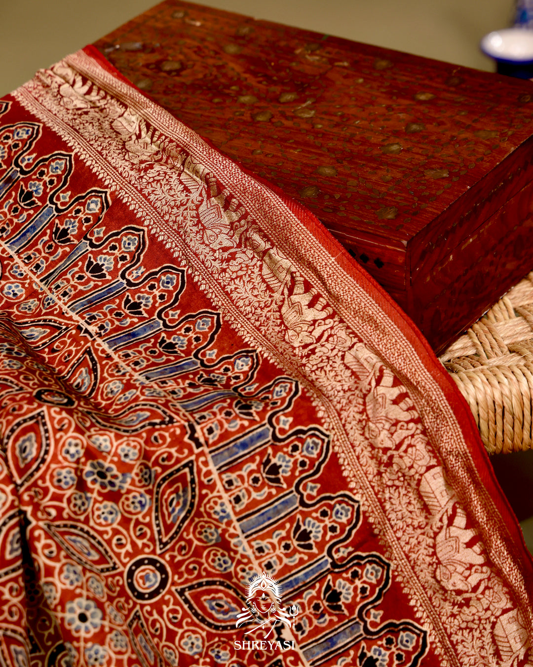 Hand Block Printed Ajrakh Dola Silk Saree with Zari Brocade Blouse