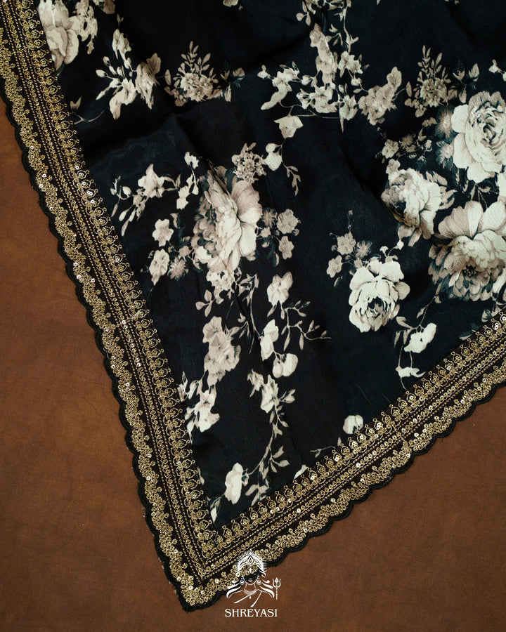 Midnight Noir Pure Chinon Satin Saree with Embroidered Borders