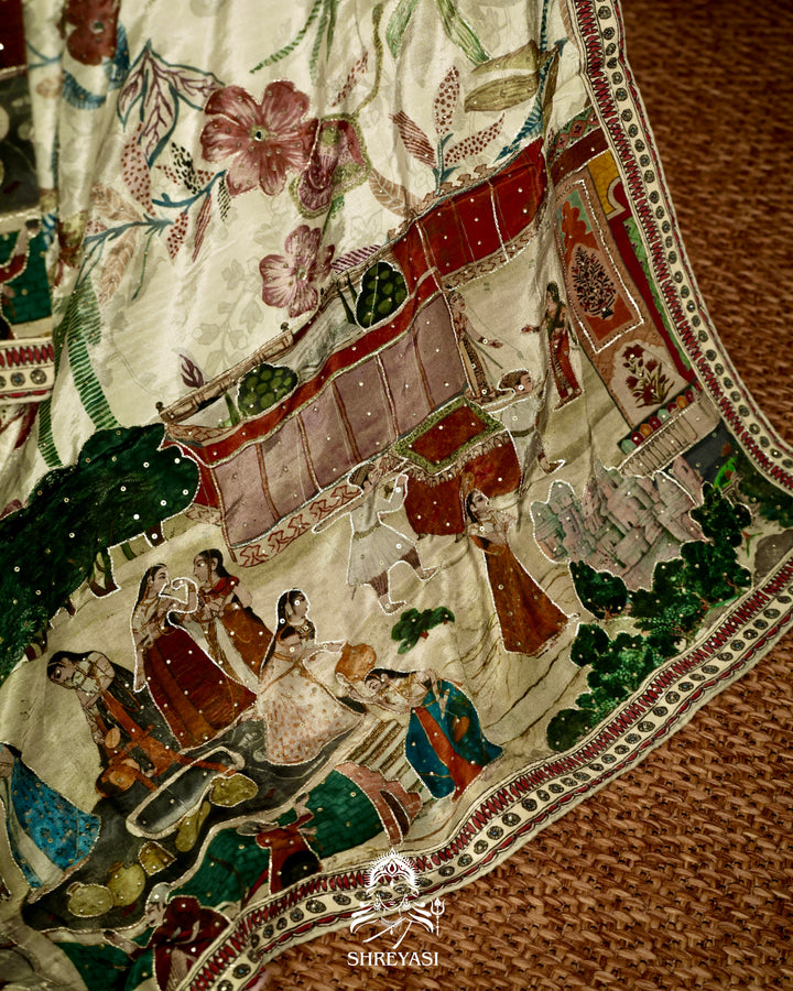 Pure Crepe Silk Storytelling Saree with Miniature Folklore Artwork