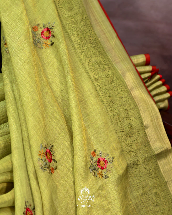 Bengal Linen Saree with Resham Floral Embroidery