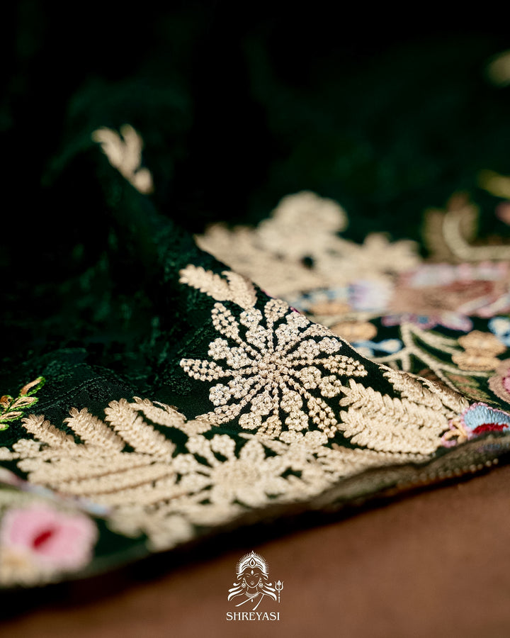 Premium Pure Georgette Chikankari Saree in Emerald Green with Embroidered Floral Borders