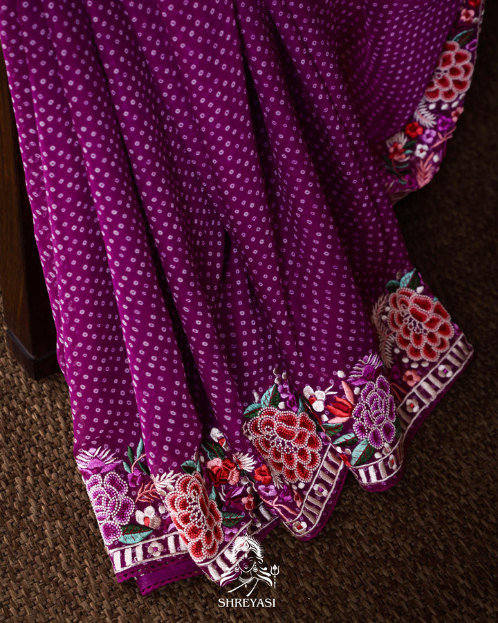 Pure Georgette Saree with Parsi Gara Style Embroidered Borders and Bandhej Body