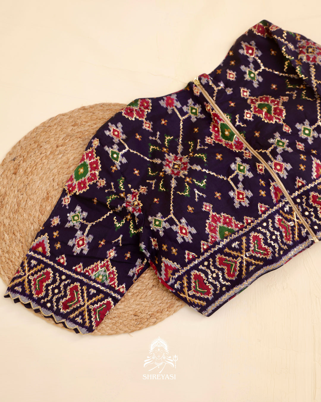 Rajkot Patola single ikat silk blouse with geometric motifs and pita embroidery