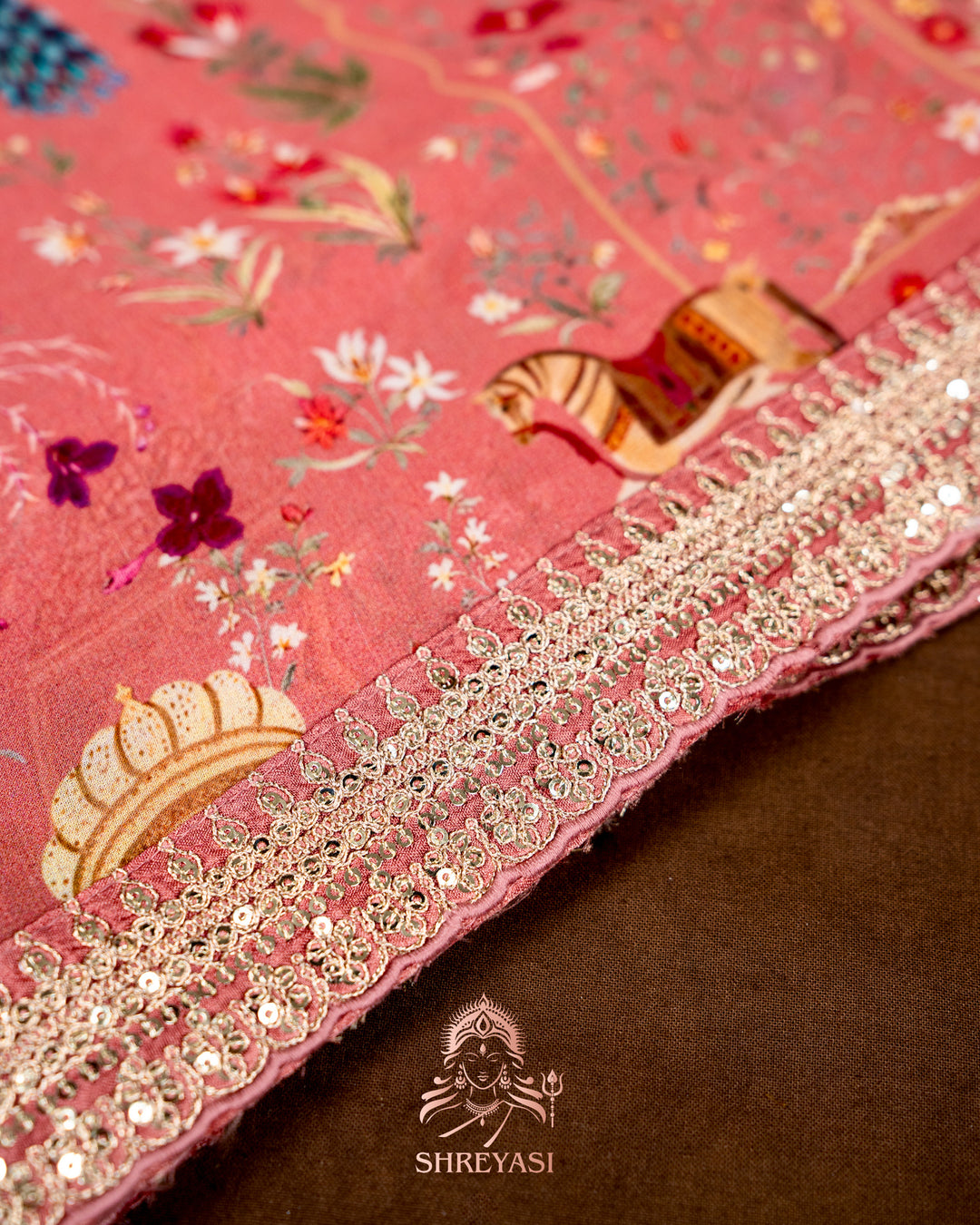 Mughal Garden Print Crepe Chinon Saree with Embroidered Border