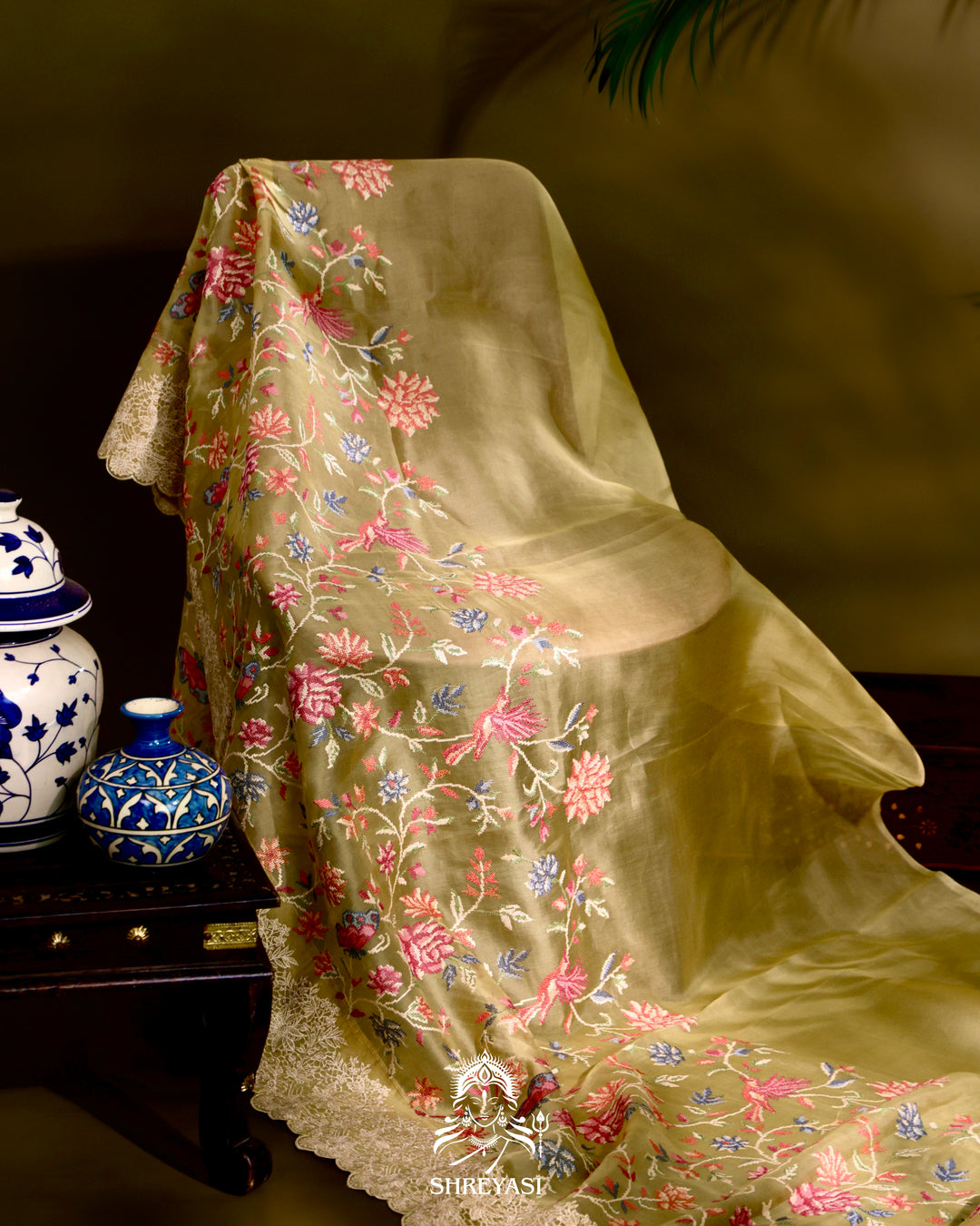 Organza Silk Saree with Petit Point Embroidery and Chantilly Lace Border