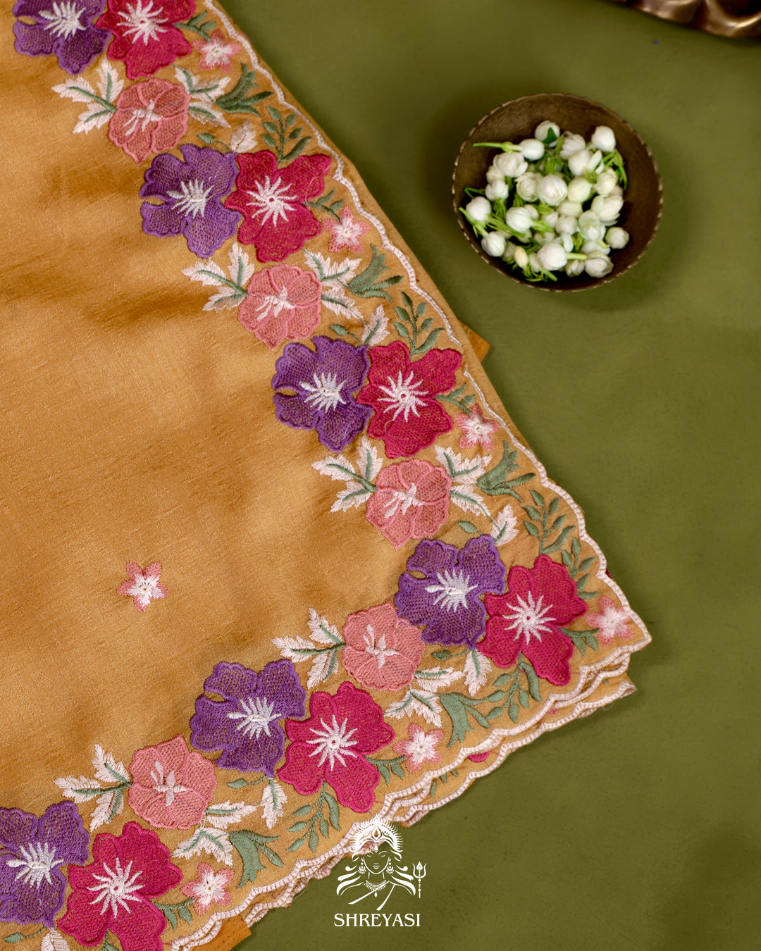 Tussar Silk Saree with Resham Floral Embroidery Border