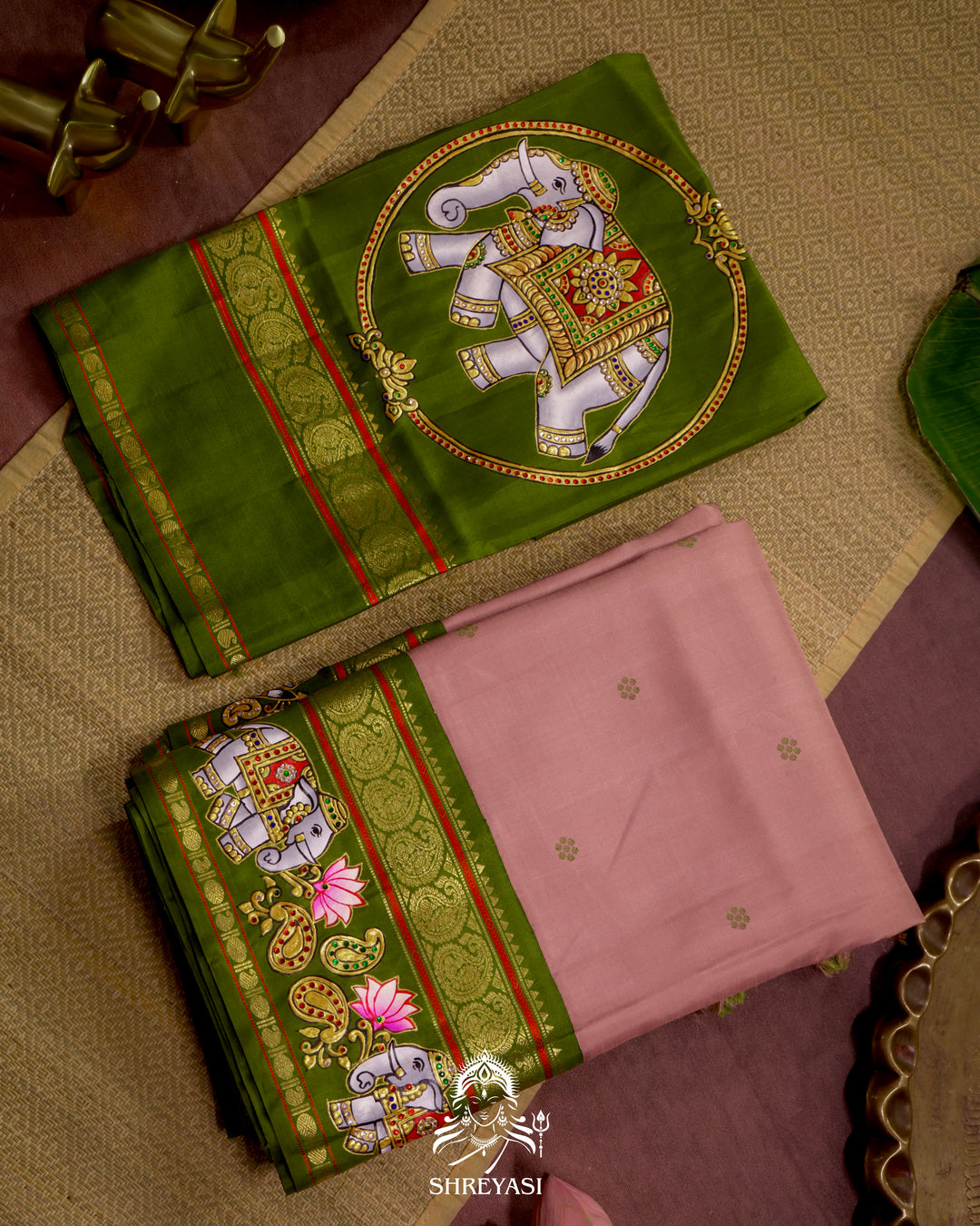 Handloom Pure Kanjivaram Silk Saree in Real Zari with Tanjore Yanai and Kamalam Artwork