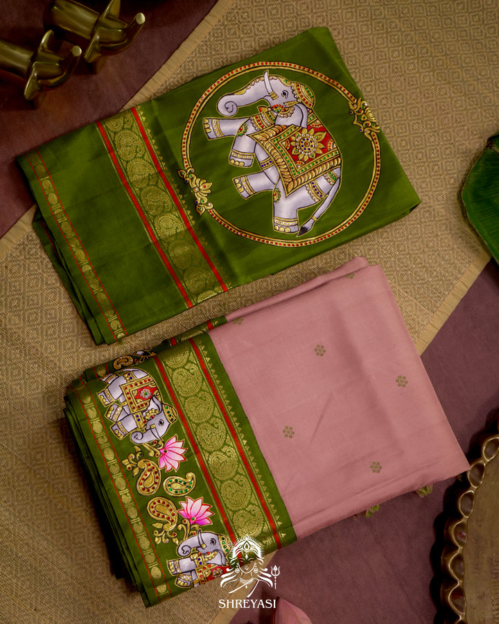 Handloom Pure Kanjivaram Silk Saree in Real Zari with Tanjore Yanai and Kamalam Artwork