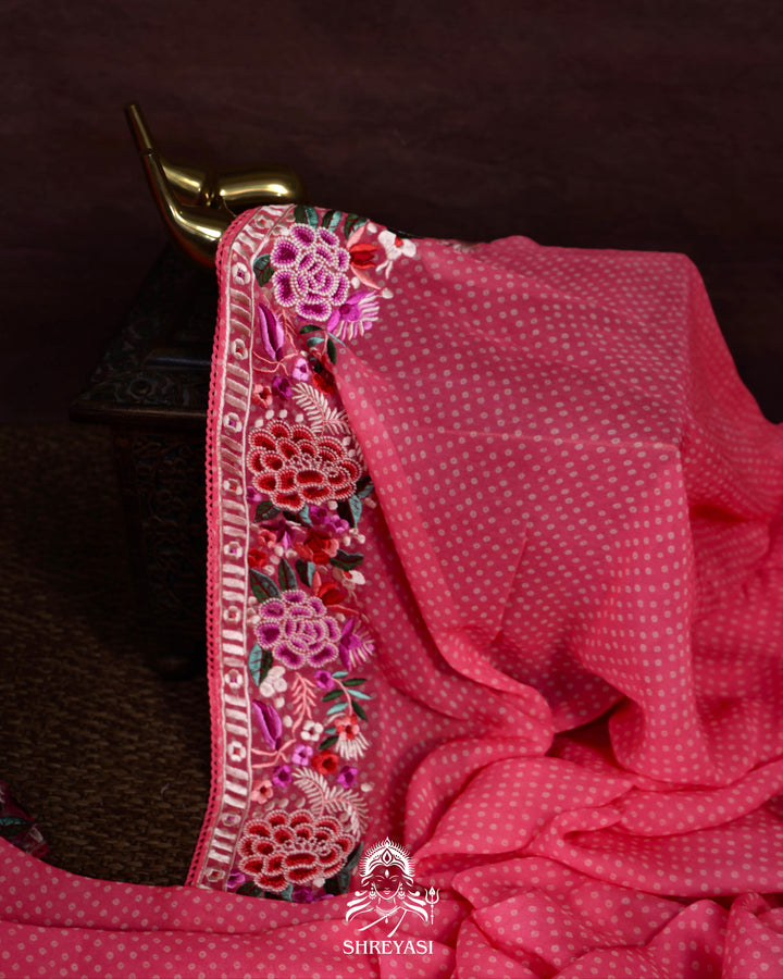 Pure Georgette Saree with Parsi Gara Style Embroidered Borders and Bandhej Body