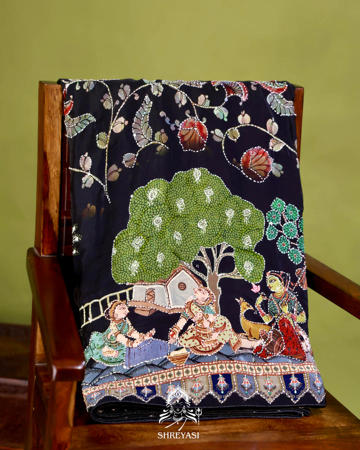 Pure Crepe Silk Saree with Kantha Embroidery