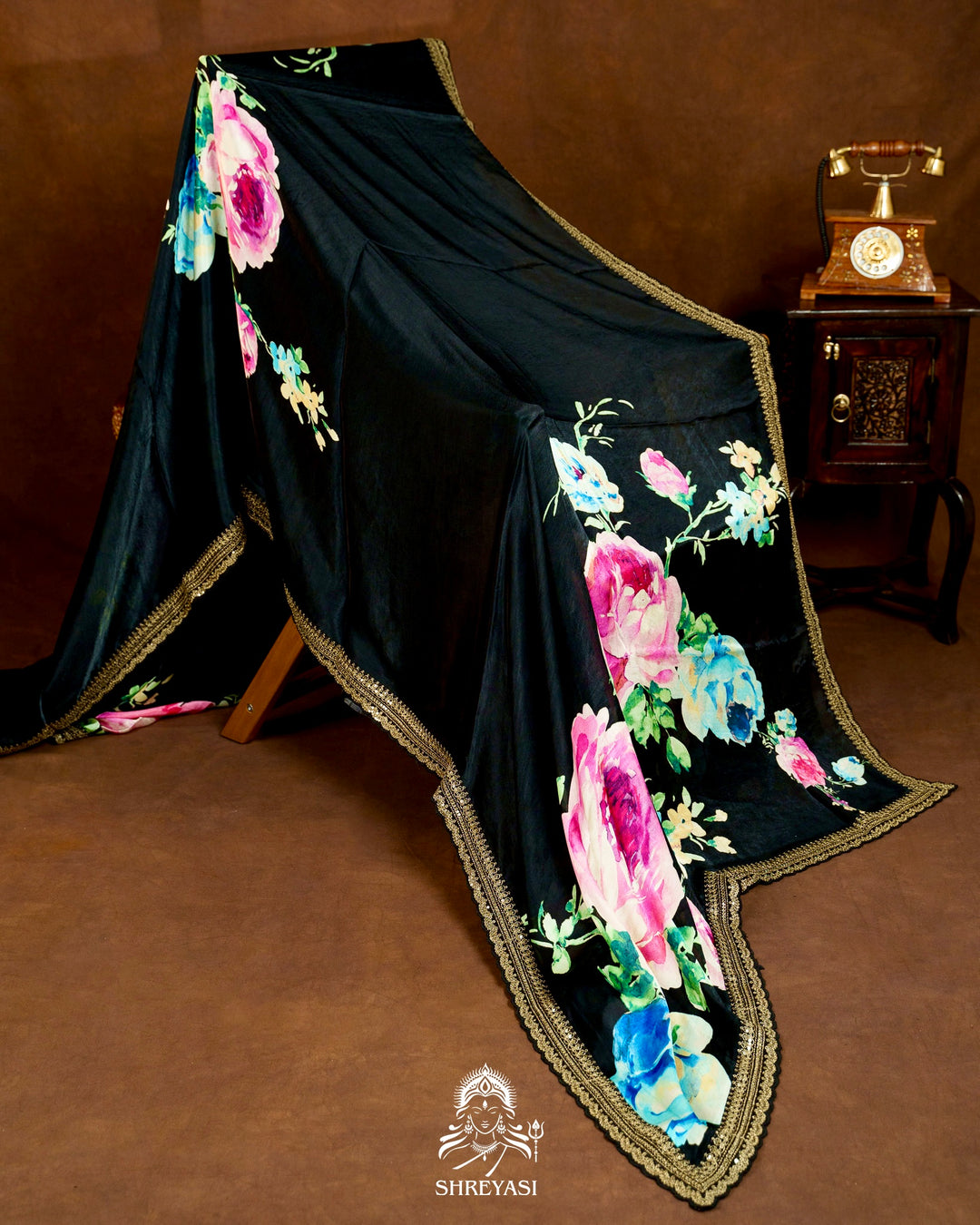 Pure Chinon Satin Saree with Floral Print and Embroidered Borders